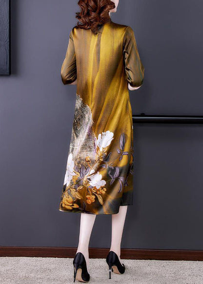 Elegant Gold O Neck Print Patchwork Silk Dress Summer LY5979 Ada Fashion