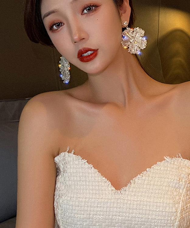 Elegant Gold Sterling Silver Floral Zircon Pearl Coloured Glaze Hoop Earrings LY1799 - fabuloryshop