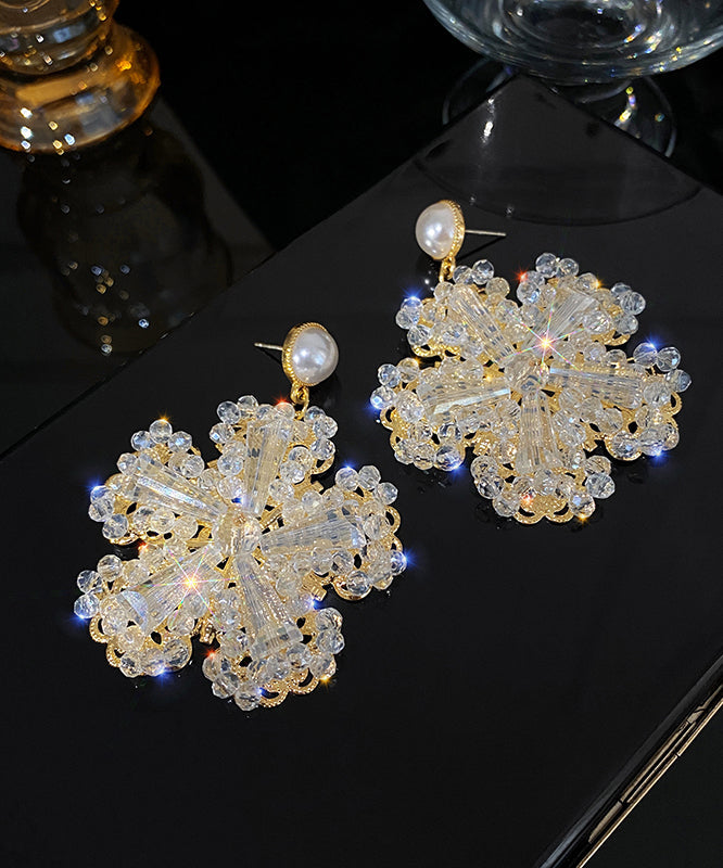 Elegant Gold Sterling Silver Floral Zircon Pearl Coloured Glaze Hoop Earrings LY1799 - fabuloryshop