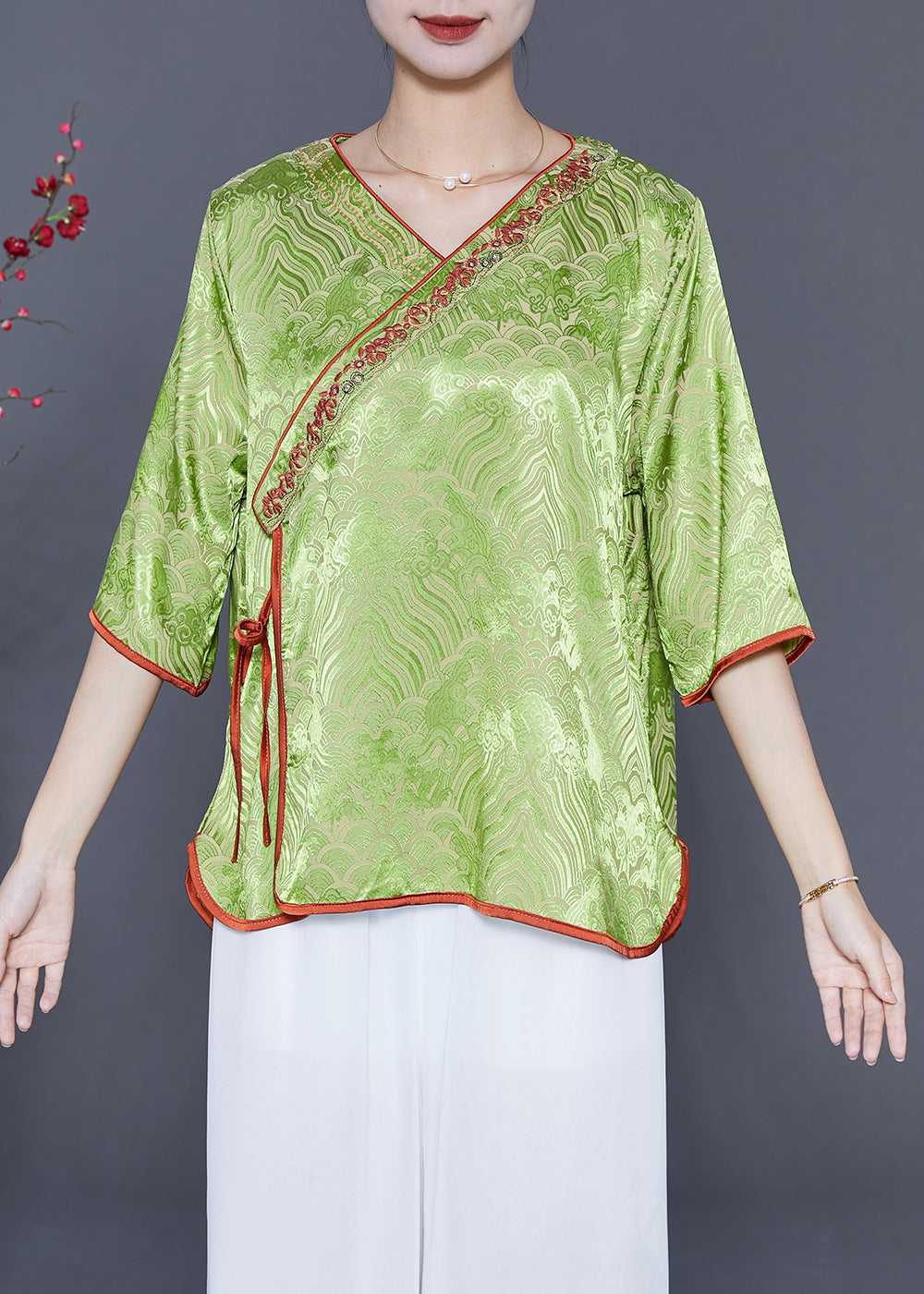 Elegant Grass Green Embroideried Lace Up Silk Top Summer LY5425 - fabuloryshop