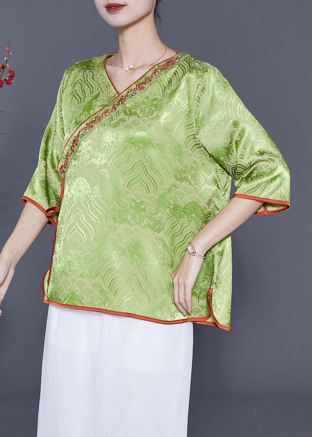 Elegant Grass Green Embroideried Lace Up Silk Top Summer LY5425 - fabuloryshop