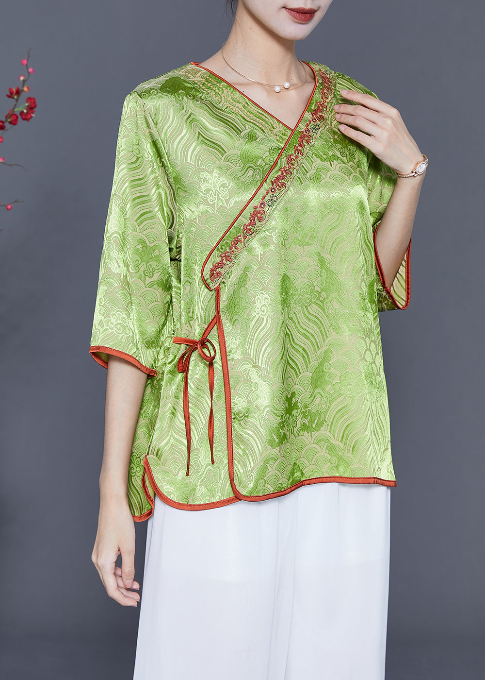 Elegant Grass Green Embroideried Lace Up Silk Top Summer LY5425 - fabuloryshop