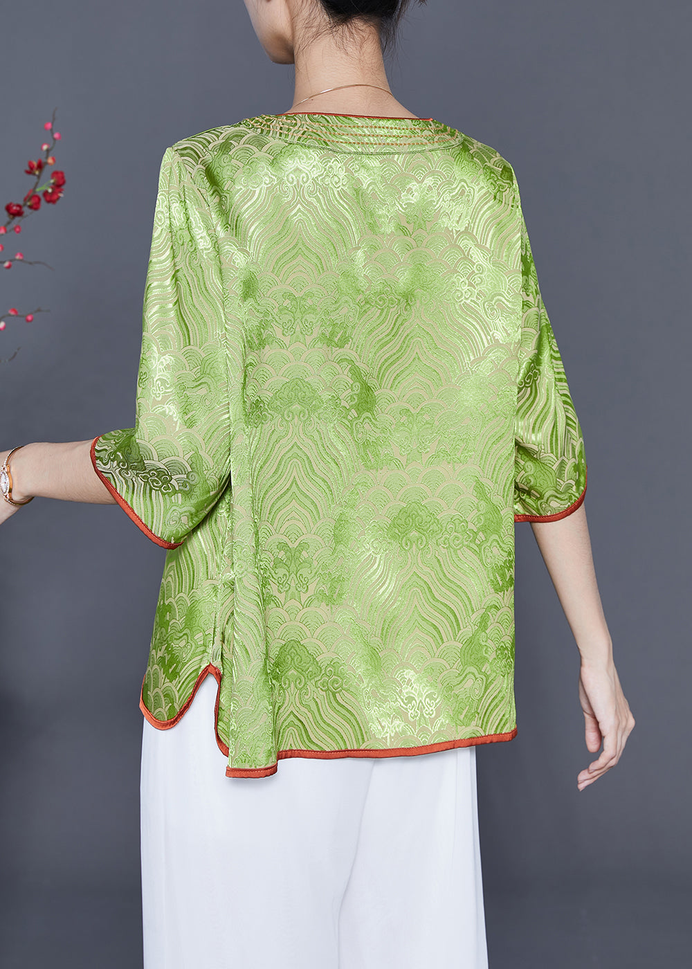 Elegant Grass Green Embroideried Lace Up Silk Top Summer LY5425 - fabuloryshop