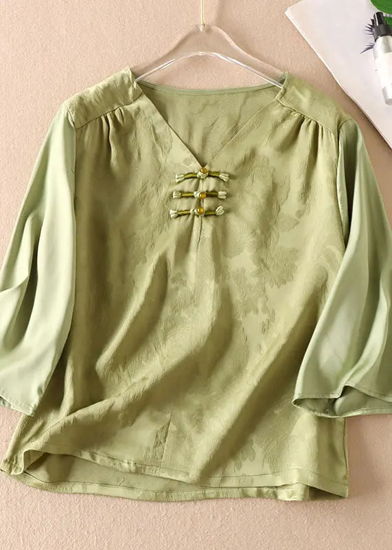 Elegant Green Chinese Jacquard Button Patchwork Silk Shirt Bracelet Sleeve Ada Fashion