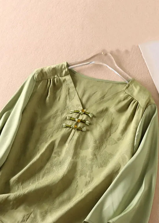 Elegant Green Chinese Jacquard Button Patchwork Silk Shirt Bracelet Sleeve Ada Fashion