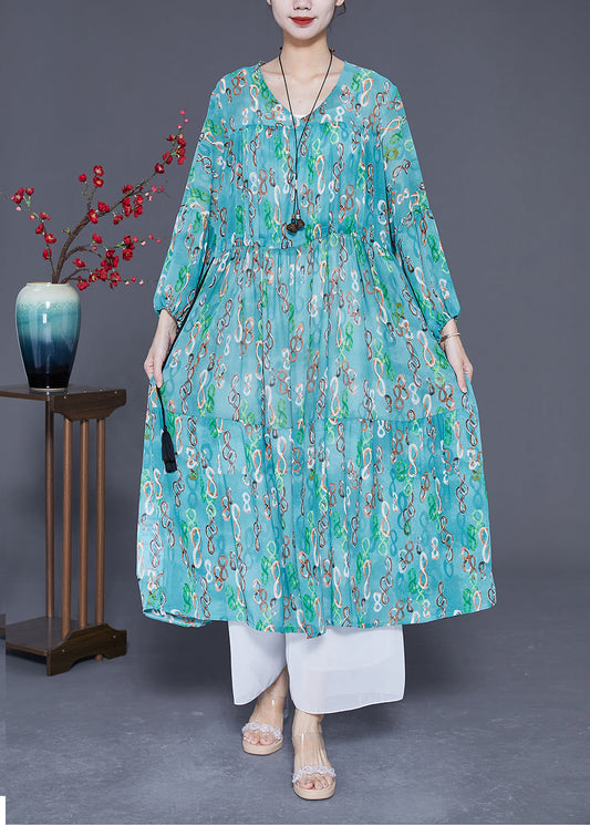 Elegant Green Cinched Print Chiffon Long Dresses Summer LY3613