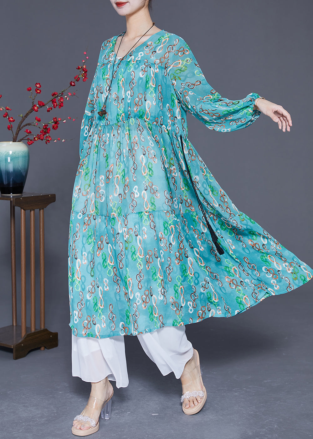 Elegant Green Cinched Print Chiffon Long Dresses Summer LY3613 - fabuloryshop