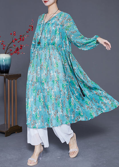 Elegant Green Cinched Print Chiffon Long Dresses Summer LY3613 - fabuloryshop