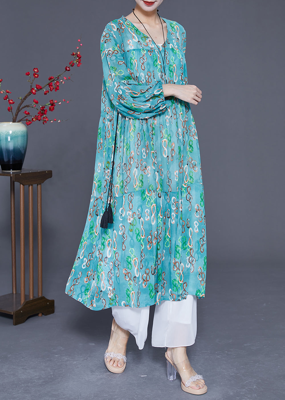 Elegant Green Cinched Print Chiffon Long Dresses Summer LY3613 - fabuloryshop