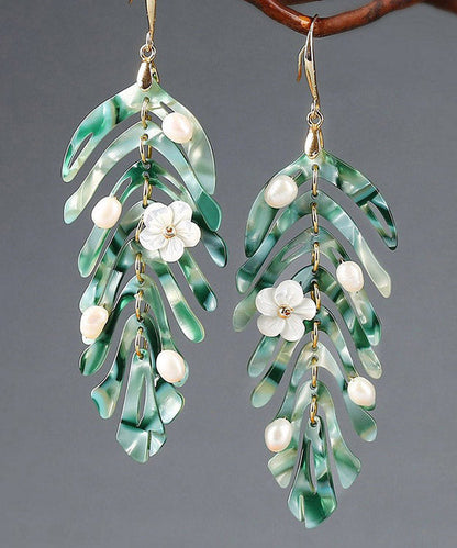 Elegant Green Copper Pearl Shell Flower Asymmetricar Leaf Drop Earrings LY2049 - fabuloryshop