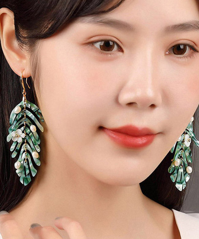 Elegant Green Copper Pearl Shell Flower Asymmetricar Leaf Drop Earrings LY2049 - fabuloryshop