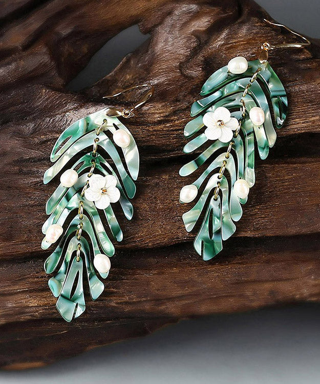 Elegant Green Copper Pearl Shell Flower Asymmetricar Leaf Drop Earrings LY2049 - fabuloryshop