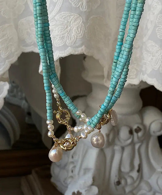 Elegant Green Copper Turquoise Pearl Pendant Necklace Ada Fashion