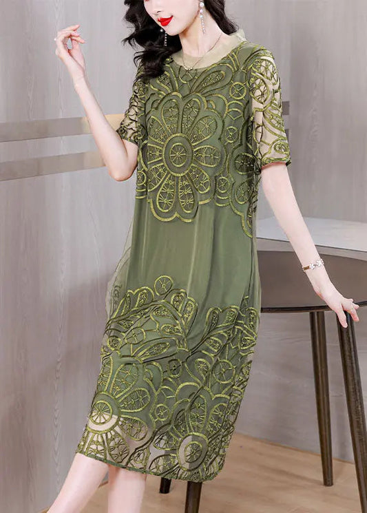 Elegant Green Embroidered Ruffled Tulle Long Dresses Short Sleeve Ada Fashion