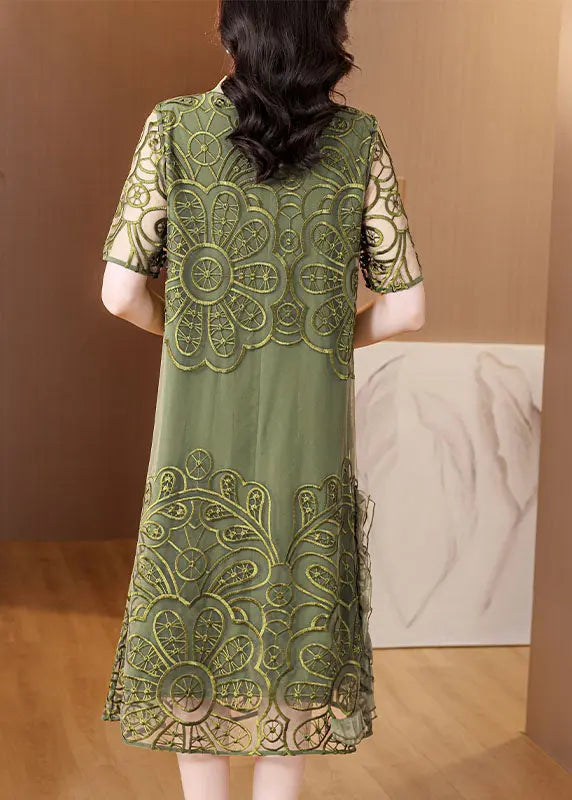 Elegant Green Embroidered Ruffled Tulle Long Dresses Short Sleeve Ada Fashion