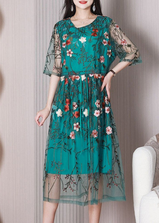 Elegant Green Embroideried Floral Tulle Holiday Dress Summer LY3704 - fabuloryshop