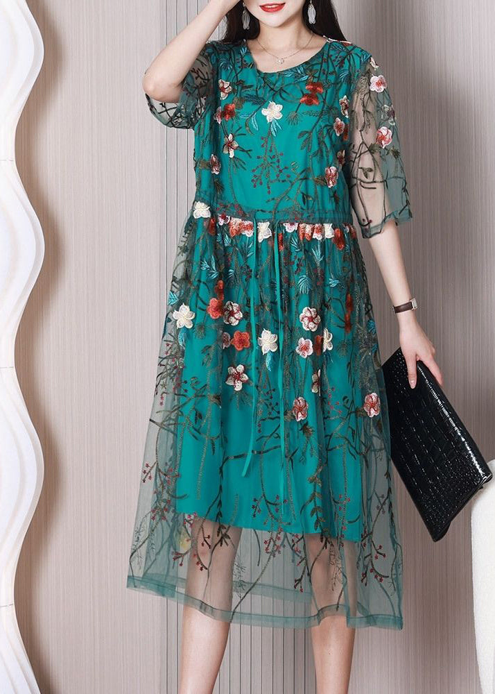 Elegant Green Embroideried Floral Tulle Holiday Dress Summer LY3704 - fabuloryshop