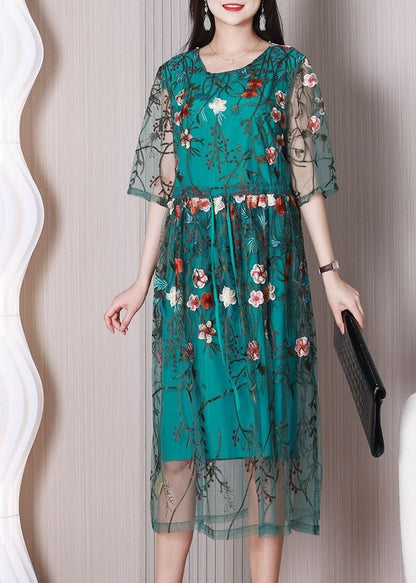 Elegant Green Embroideried Floral Tulle Holiday Dress Summer LY3704 - fabuloryshop