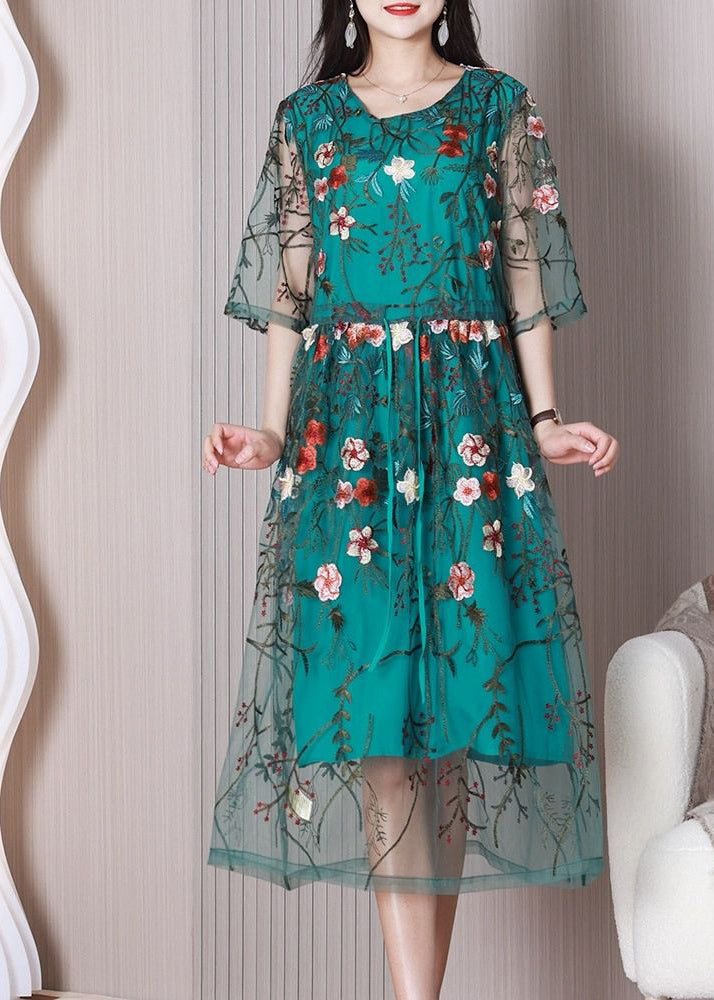 Elegant Green Embroideried Floral Tulle Holiday Dress Summer LY3704 - fabuloryshop
