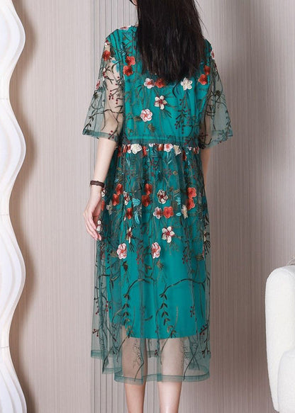 Elegant Green Embroideried Floral Tulle Holiday Dress Summer LY3704 - fabuloryshop