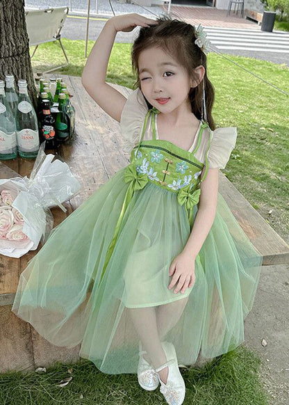 Elegant Green Embroideried Patchwork Bow Tulle Kids Long Dress Short Sleeve LY6445 - fabuloryshop