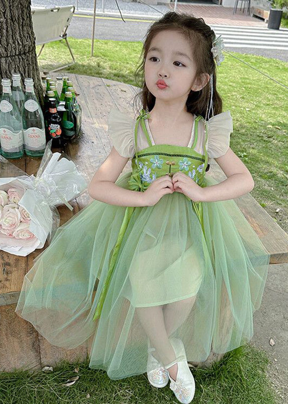 Elegant Green Embroideried Patchwork Bow Tulle Kids Long Dress Short Sleeve LY6445 - fabuloryshop