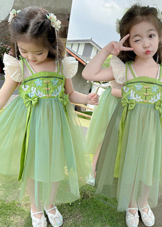 Elegant Green Embroideried Patchwork Bow Tulle Kids Long Dress Short Sleeve LY6445 - fabuloryshop