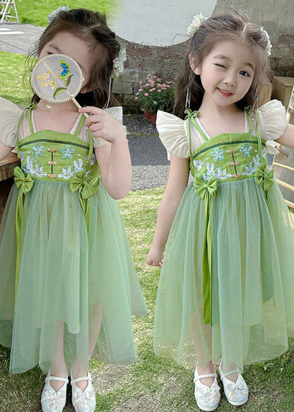 Elegant Green Embroideried Patchwork Bow Tulle Kids Long Dress Short Sleeve LY6445 - fabuloryshop