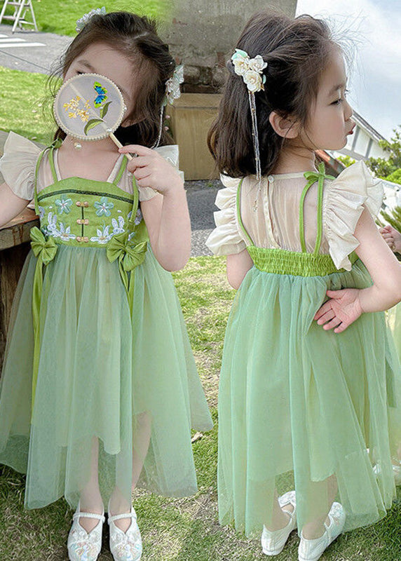 Elegant Green Embroideried Patchwork Bow Tulle Kids Long Dress Short Sleeve LY6445 - fabuloryshop