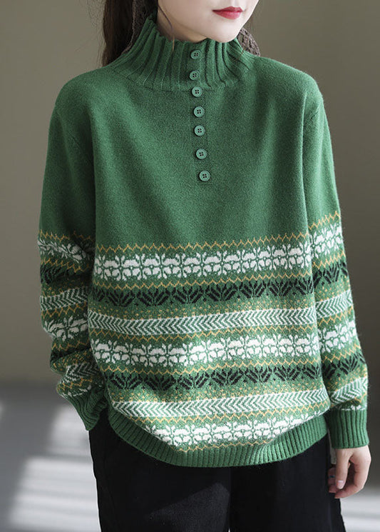 Elegant Green High Neck Print Knit Pullover Spring TG1020 - fabuloryshop