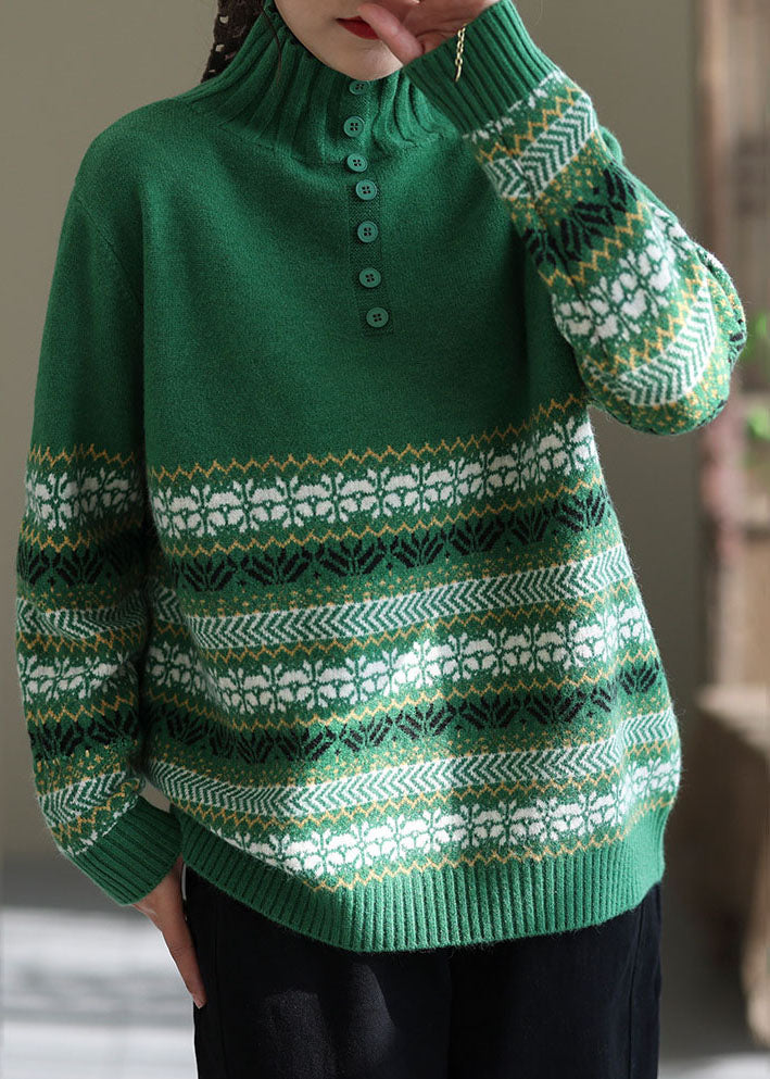 Elegant Green High Neck Print Knit Pullover Spring TG1020 - fabuloryshop