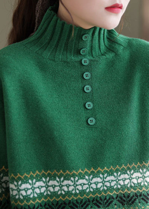 Elegant Green High Neck Print Knit Pullover Spring TG1020 - fabuloryshop