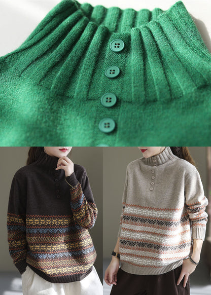 Elegant Green High Neck Print Knit Pullover Spring TG1020 - fabuloryshop