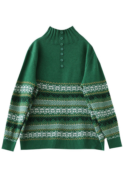 Elegant Green High Neck Print Knit Pullover Spring TG1020 - fabuloryshop