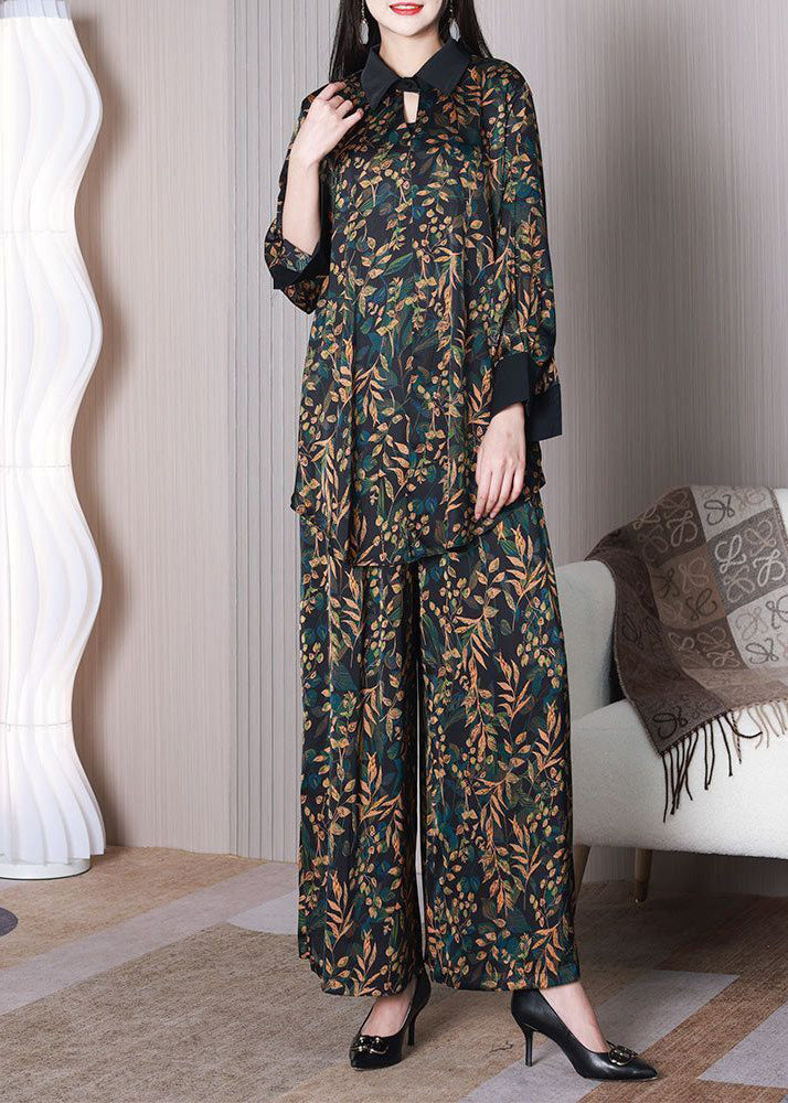 Elegant Green Leaf Print Oversized Draping Silk Two Piece Set Spring LY3752 - fabuloryshop