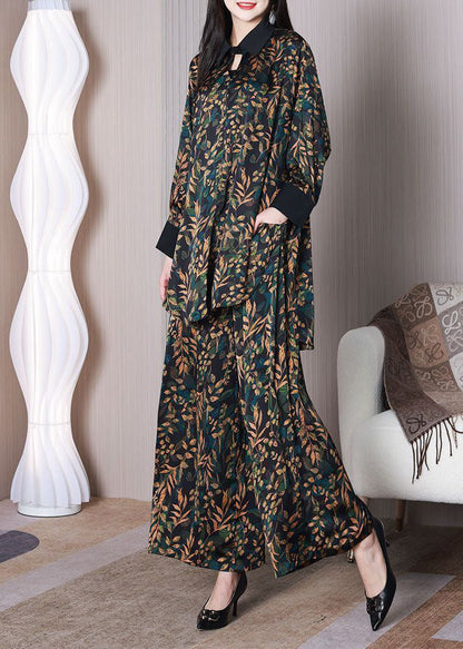 Elegant Green Leaf Print Oversized Draping Silk Two Piece Set Spring LY3752 - fabuloryshop