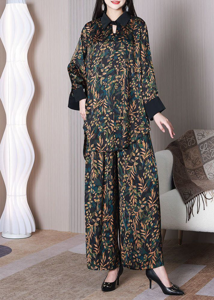 Elegant Green Leaf Print Oversized Draping Silk Two Piece Set Spring LY3752 - fabuloryshop