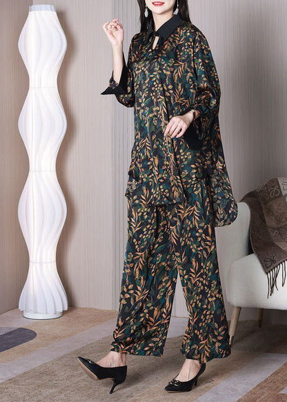 Elegant Green Leaf Print Oversized Draping Silk Two Piece Set Spring LY3752 - fabuloryshop