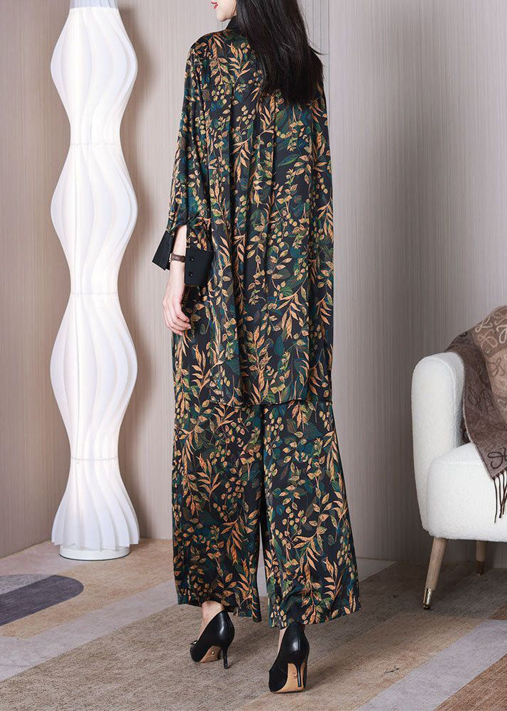 Elegant Green Leaf Print Oversized Draping Silk Two Piece Set Spring LY3752 - fabuloryshop