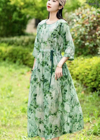 Elegant Green O Neck Drawstring Patchwork Long Linen Dress Summer LY2539 - fabuloryshop