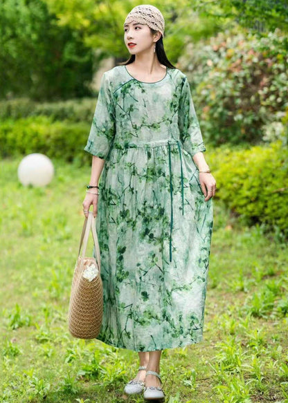 Elegant Green O Neck Drawstring Patchwork Long Linen Dress Summer LY2539 - fabuloryshop