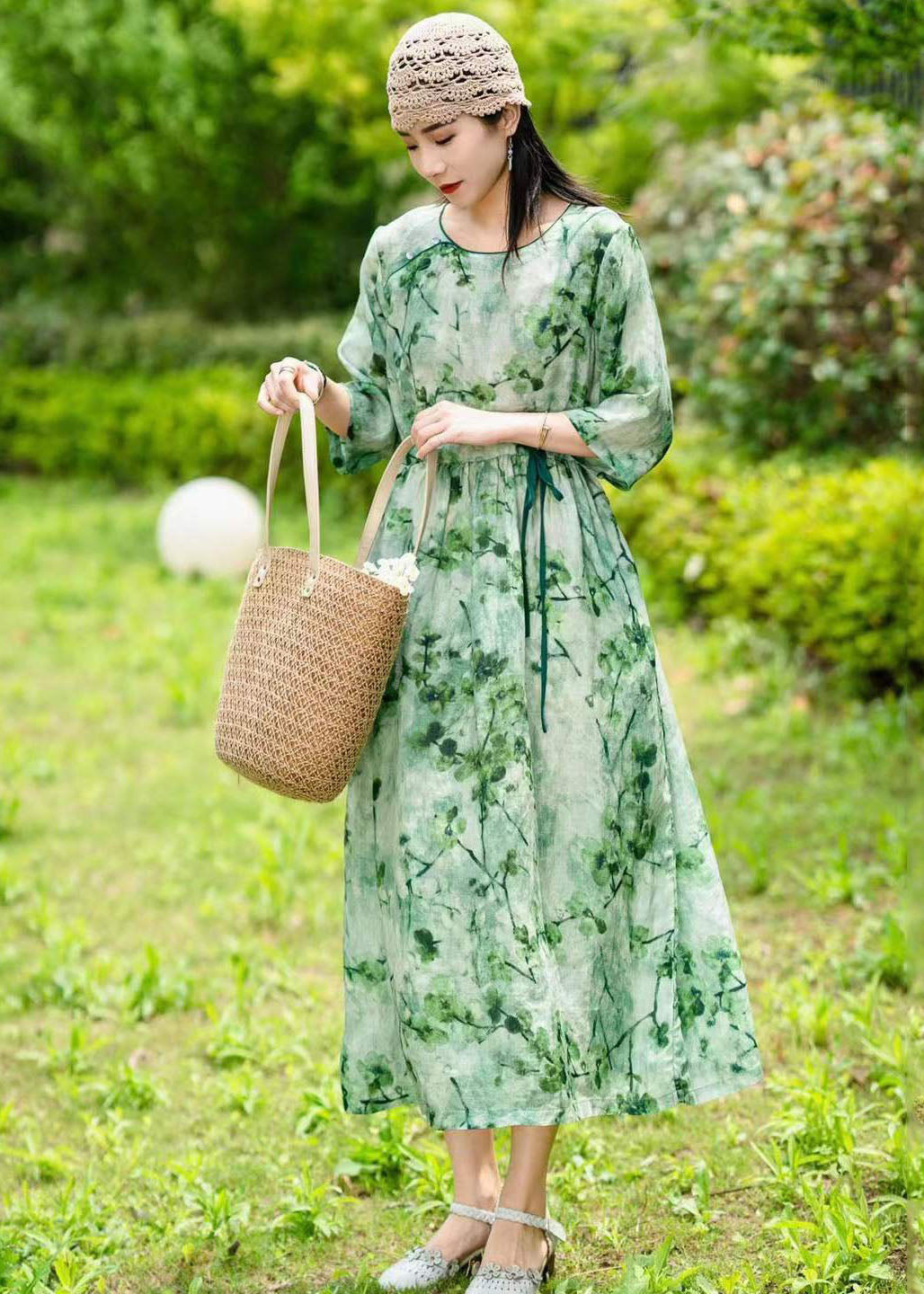 Elegant Green O Neck Drawstring Patchwork Long Linen Dress Summer LY2539 - fabuloryshop