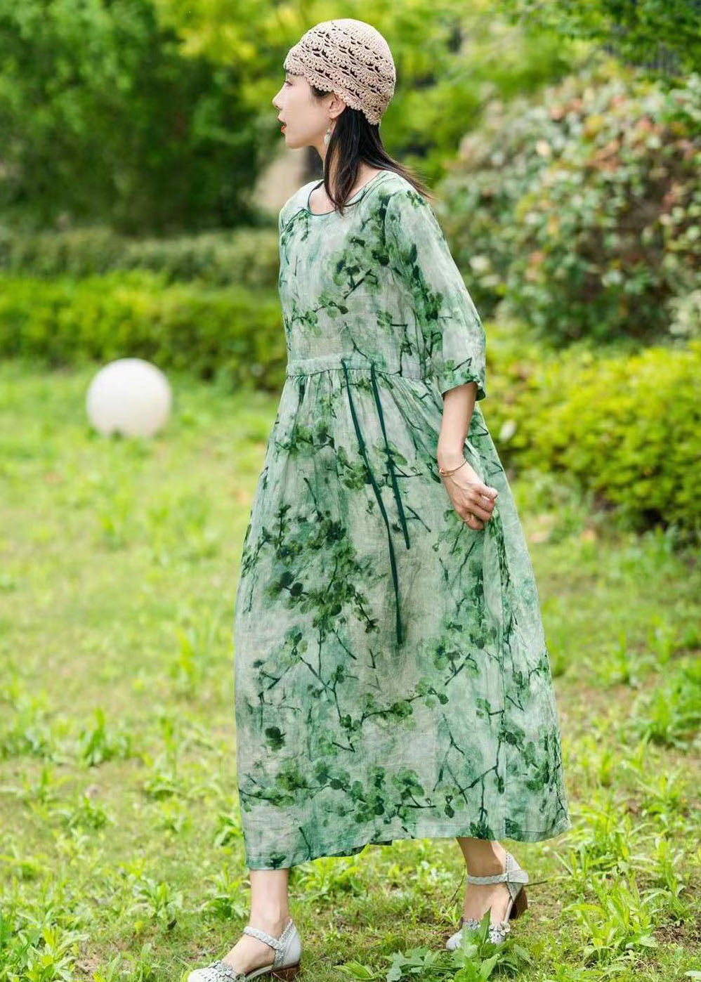 Elegant Green O Neck Drawstring Patchwork Long Linen Dress Summer LY2539 - fabuloryshop