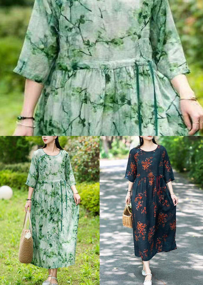 Elegant Green O Neck Drawstring Patchwork Long Linen Dress Summer LY2539 - fabuloryshop