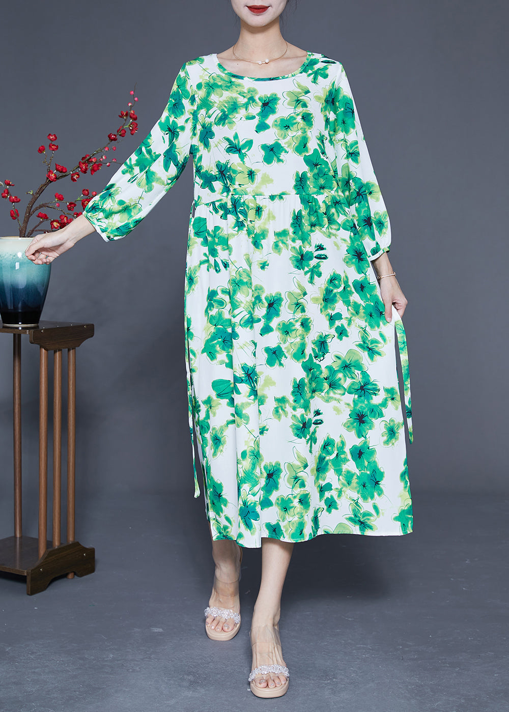 Elegant Green O-Neck Oversized Print Silk Vacation Dresses Bracelet Sleeve LY1821 - fabuloryshop