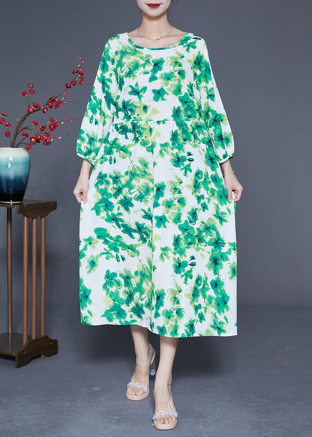 Elegant Green O-Neck Oversized Print Silk Vacation Dresses Bracelet Sleeve LY1821 - fabuloryshop