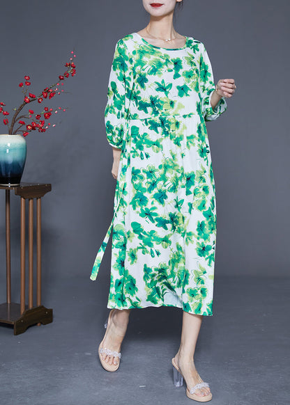 Elegant Green O-Neck Oversized Print Silk Vacation Dresses Bracelet Sleeve LY1821 - fabuloryshop