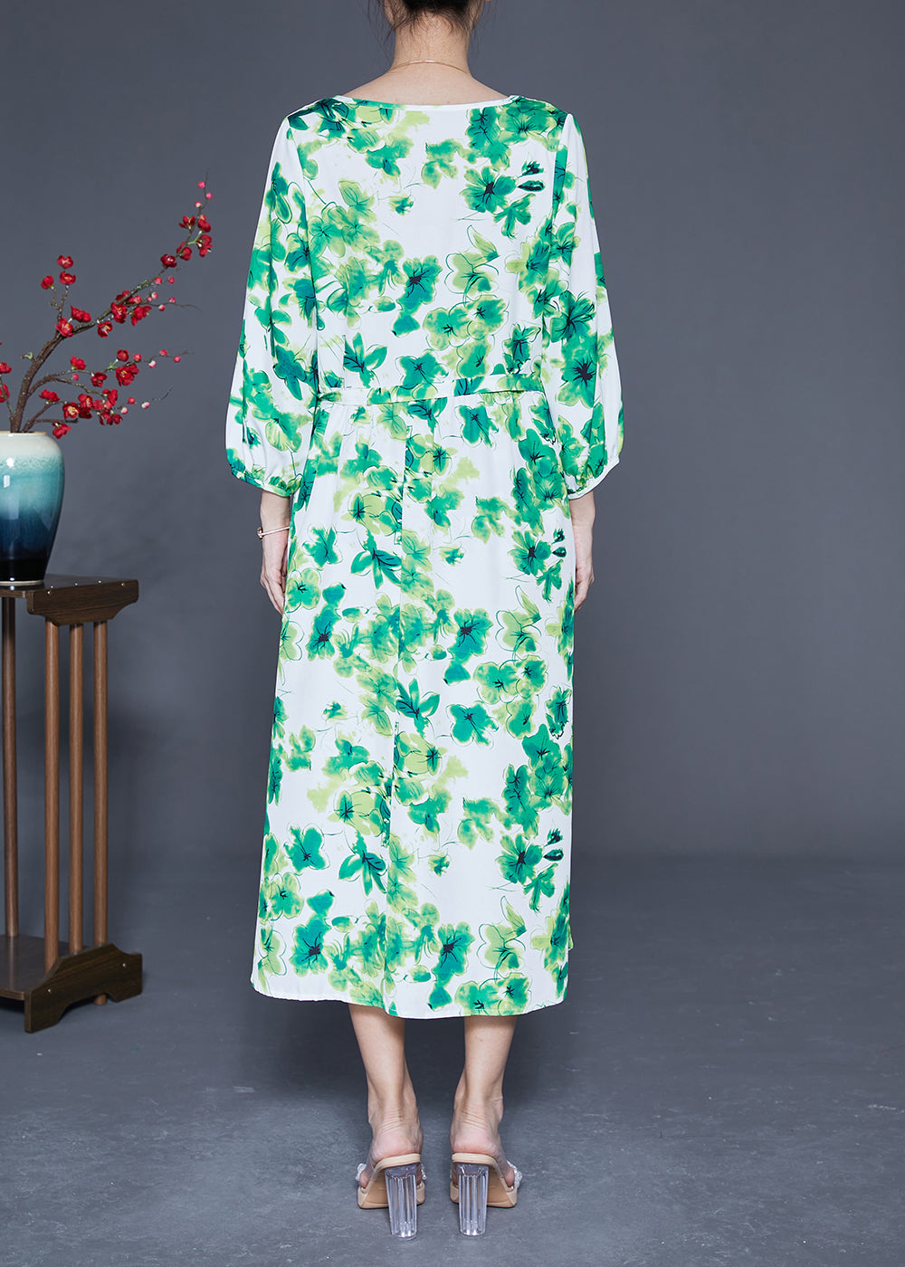 Elegant Green O-Neck Oversized Print Silk Vacation Dresses Bracelet Sleeve LY1821 - fabuloryshop