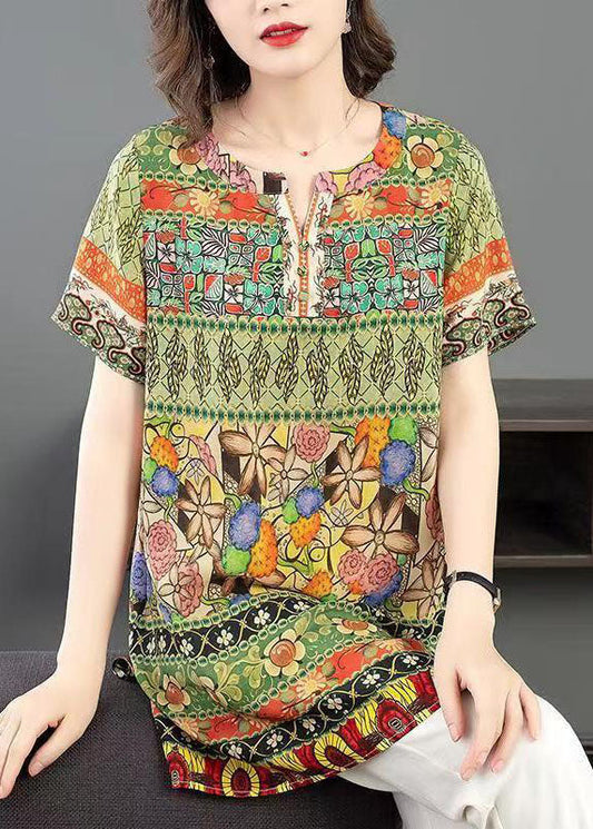 Elegant Green O Neck Print Patchwork Silk Shirt Tops Summer LY6694 - fabuloryshop