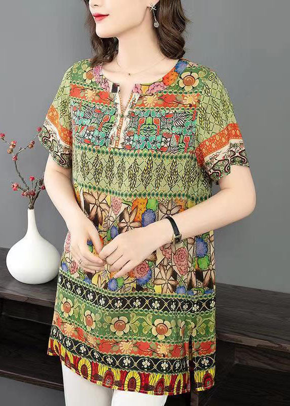 Elegant Green O Neck Print Patchwork Silk Shirt Tops Summer LY6694 - fabuloryshop